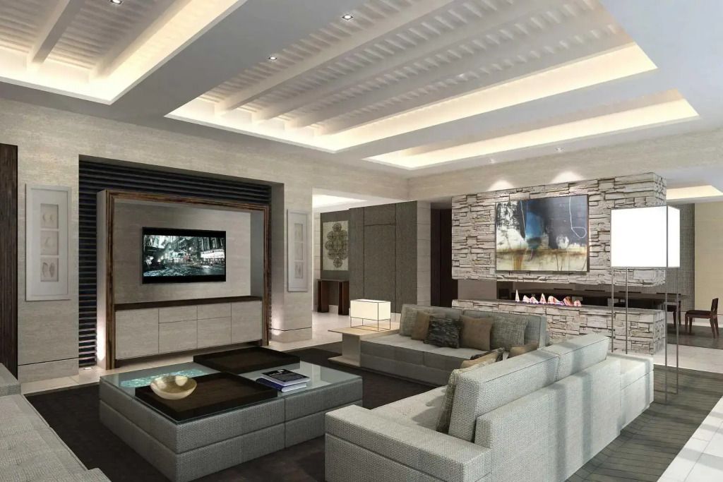Luxuriöses Wohnzimmer mit modernem Sofa und großem Flachbildfernseher.