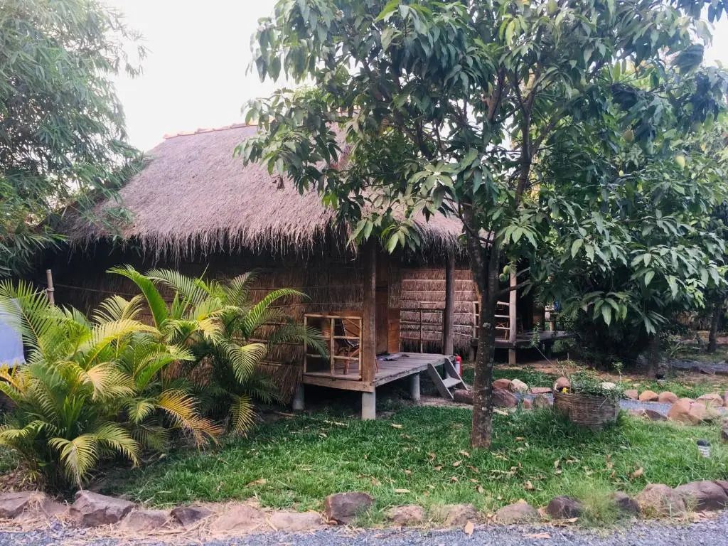 Bungalow mit Strohdach und üppiger Vegetation außen