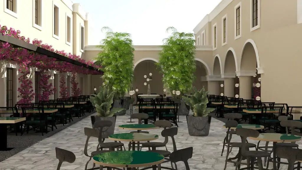 Eleganter Innenhof mit Pflanzen und stilvollen Möbeln im Katikies Garden Santorini