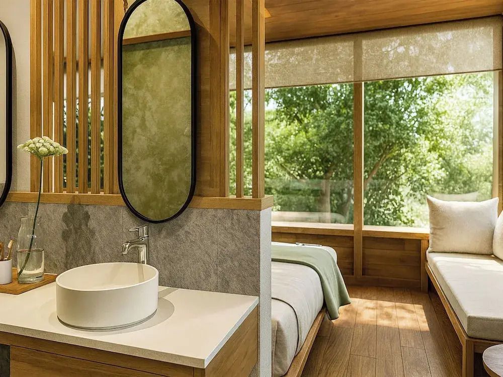 Modernes Deluxe Bungalow-Interieur mit hellem Holz und großen Fenstern mit Blick ins Grüne