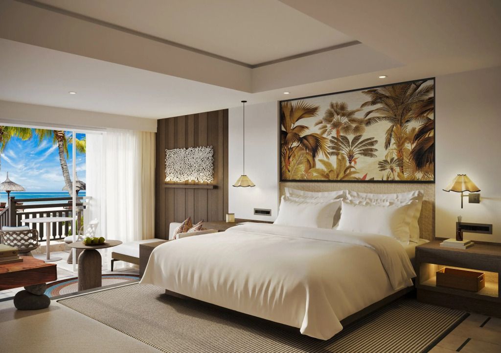 Charmantes Doppelzimmer mit kunstvollem Wanddesign und Zugang zum Balkon mit Meerblick