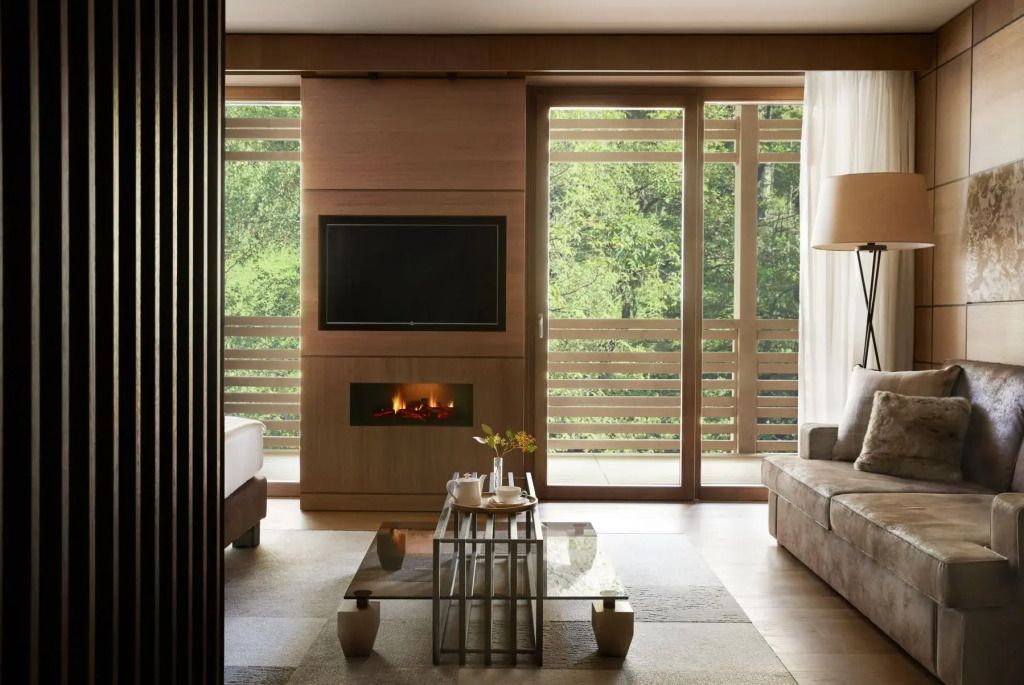 Helles Wohnzimmer mit Kamin, Flachbild-TV und Ausblick auf grüne Landschaft.
