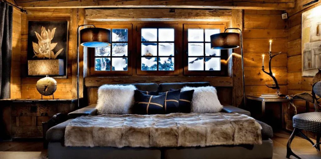 Gemütliches Wohnzimmer im Chalet-Stil mit Pelzkissen und Schneeblick durch Fenster.