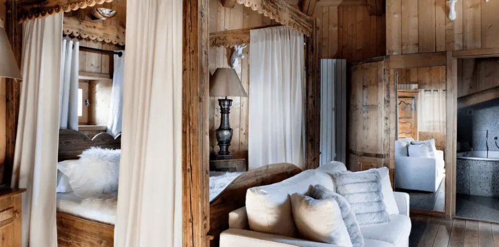Luxuriöse Schlafzimmerdekor mit Holzbalken und edlen Stoffen