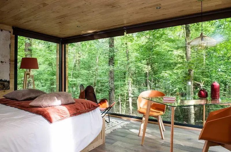 Zimmer mit Panoramafenstern und Ausblick auf den Wald