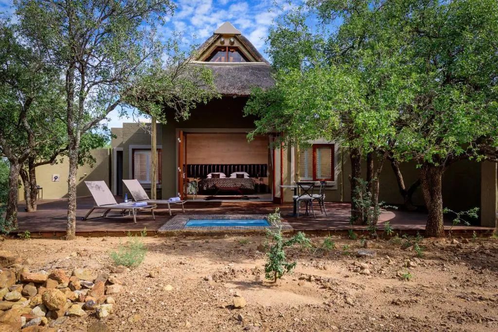 Außenansicht der Lodge mit Terrasse, Liegestühlen und dichter Vegetation.