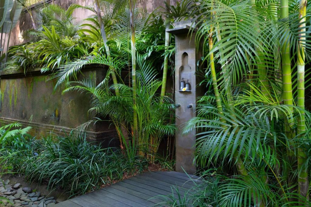 Außenbereich mit üppiger tropischer Vegetation und moderner Dusche