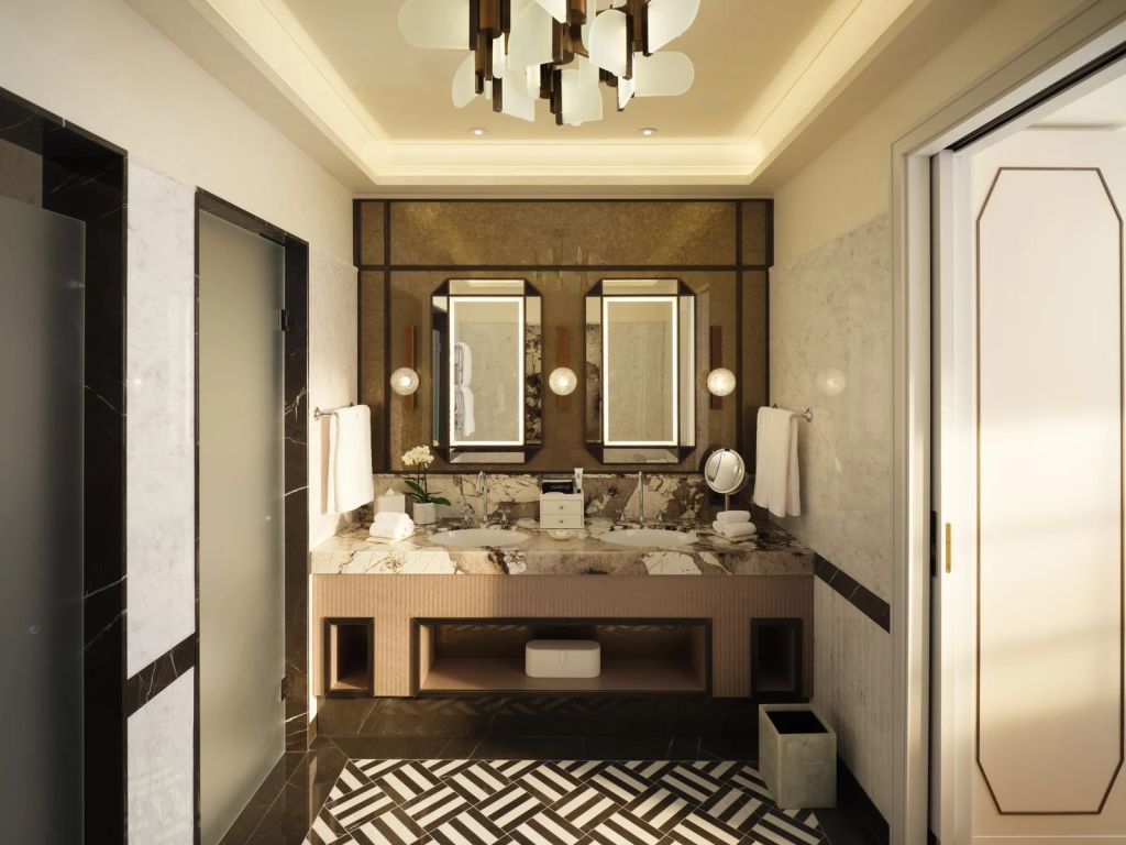Luxuriöses Badezimmer mit Doppelwaschbecken und edlem Design.