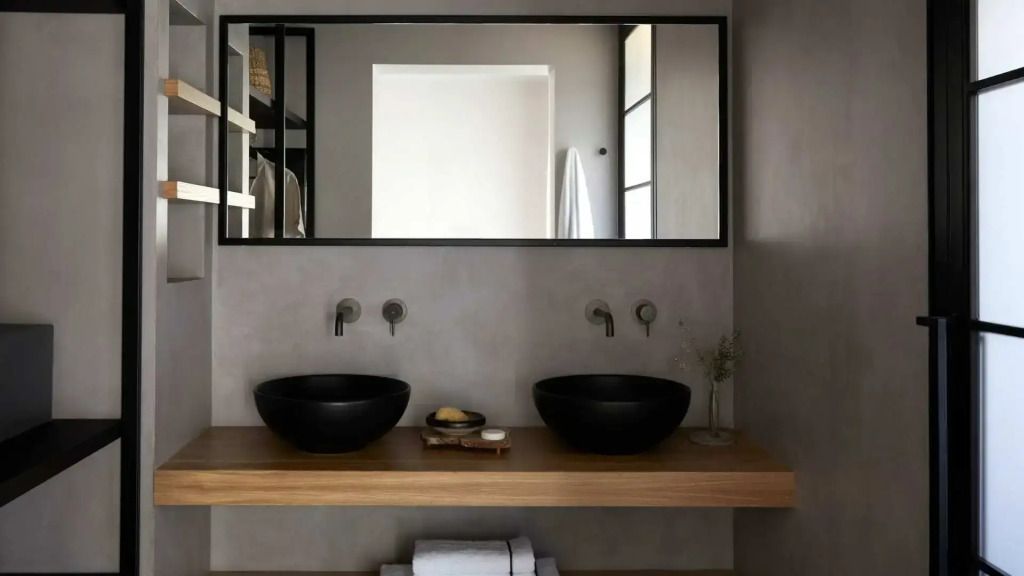 Modernes Badezimmer mit Doppelwaschbecken und schlichter Eleganz