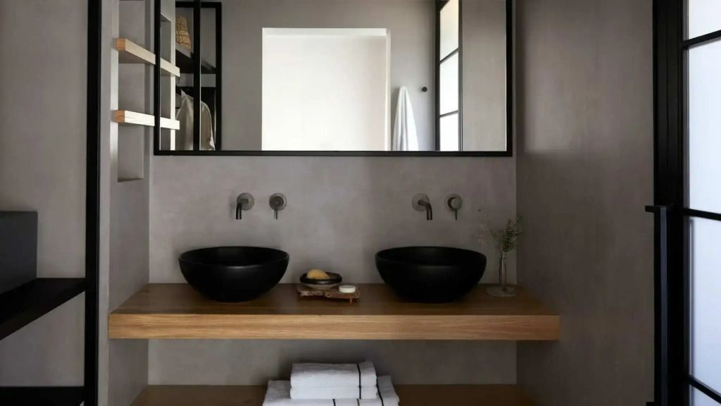 Modernes Badezimmer mit Doppelwaschbecken und minimalistischer Einrichtung im Minos Beach Art Hotel.
