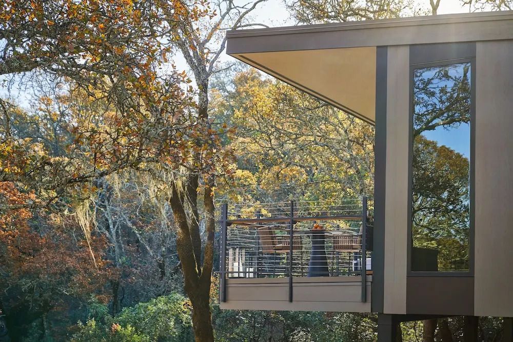 Moderne Suite mit Balkon und herbstlicher Waldkulisse