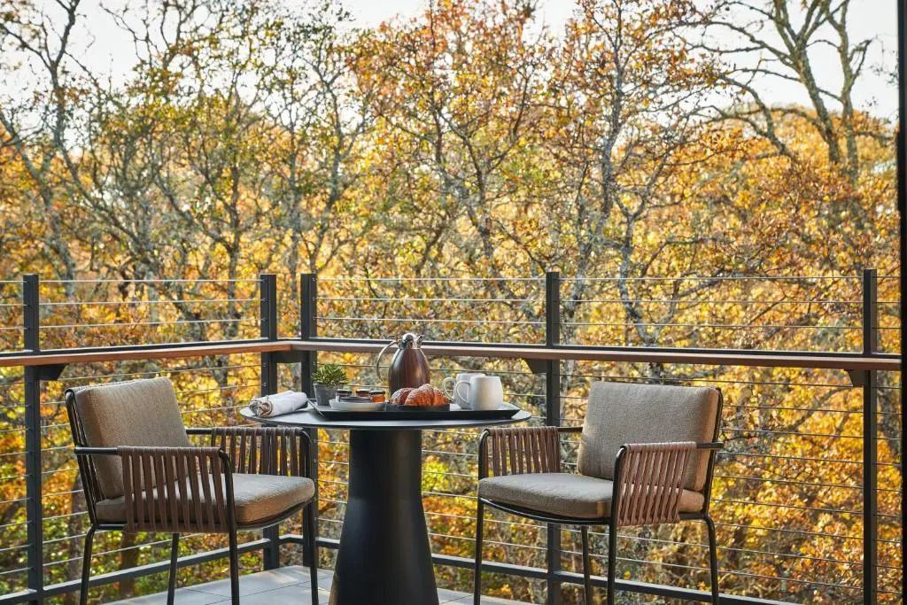 Balkon mit gemütlichen Sitzgelegenheiten und Herbstbäumen im Hintergrund.