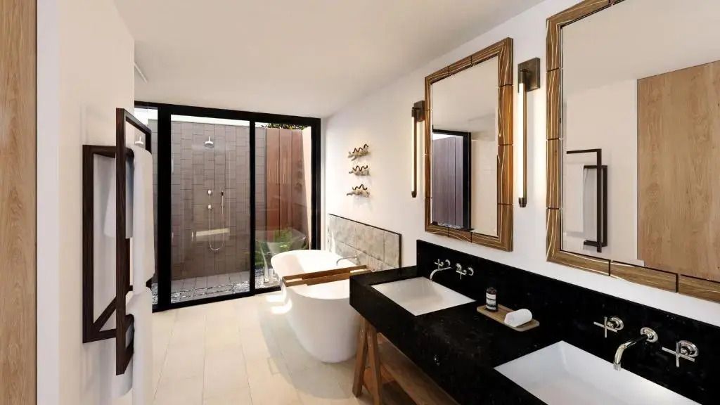 Luxusbadezimmer mit Badewanne und Dusche im Freien