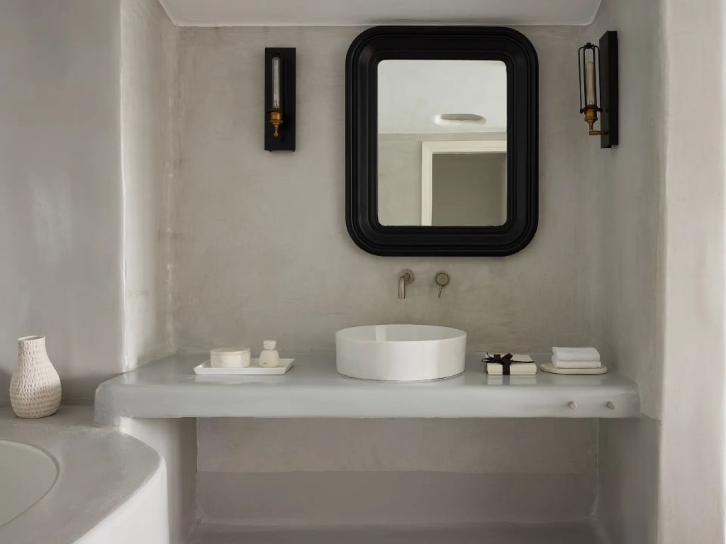 Stilvolles Badezimmer mit Waschbecken und elegantem Spiegel auf grauem Hintergrund.