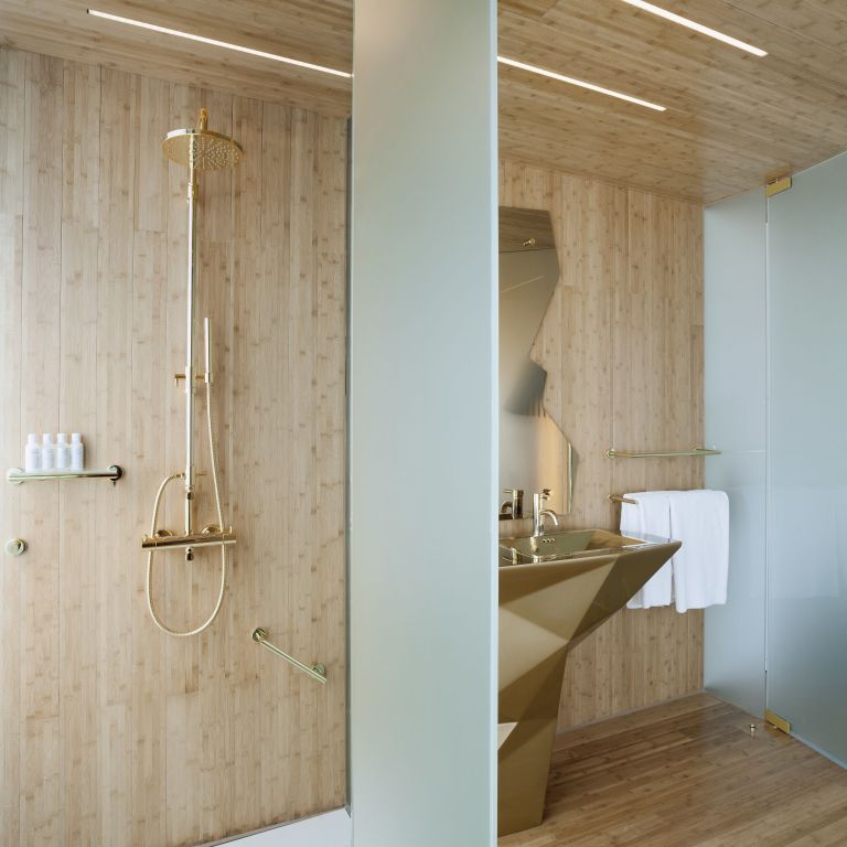 Moderne Badezimmergestaltung mit Holzverkleidung und goldener Dusche
