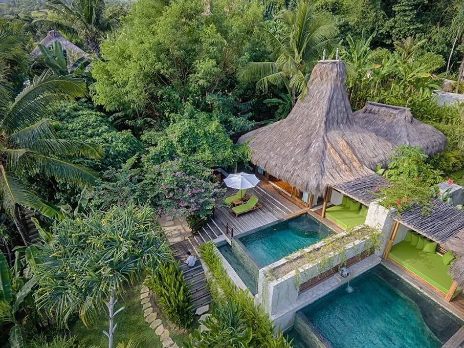 Luftaufnahme einer Villa mit Strohdach und privatem Pool in üppiger Vegetation