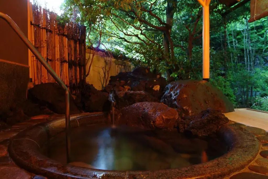 Heißwasserbad in natürlicher Umgebung mit Steinen und Bäumen
