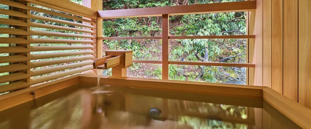 Heißes Bad im japanischen Stil mit Blick auf den Wald