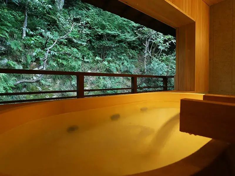 Offene Badewanne mit Blick auf grüne Waldlandschaft