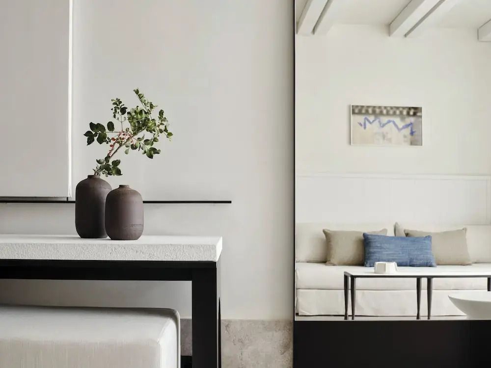 Modernes Wohnzimmer mit minimalistischem Design und Pflanzenakzent
