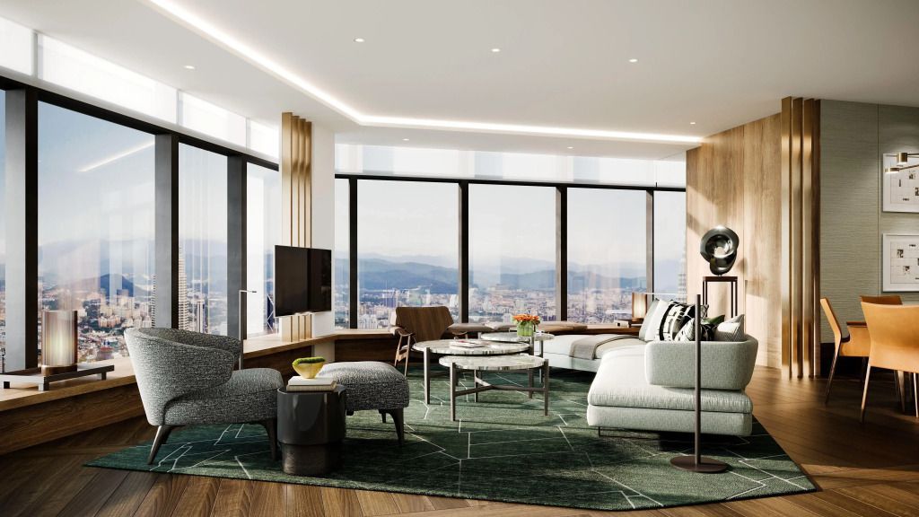 Moderne Executive Suite mit Panoramafenstern und stilvoller Einrichtung