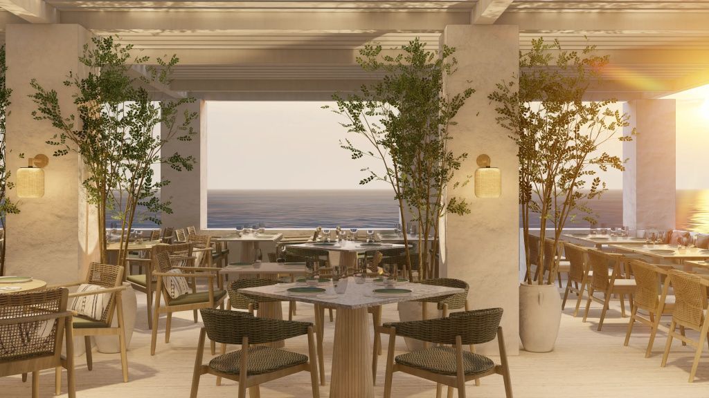 Eleganter überdachter Restaurantbereich im Patmos Aktis Resort mit Blick auf das Ägäische Meer.