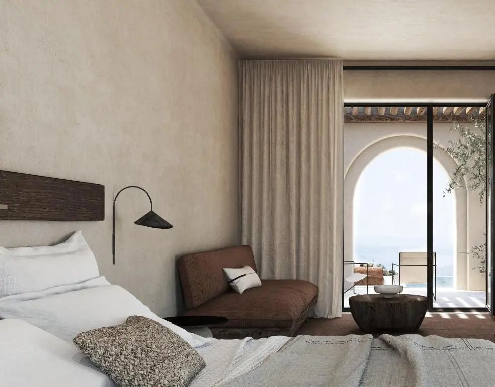 Modernes Einzelzimmer mit Blick auf das Meer und eleganter Einrichtung