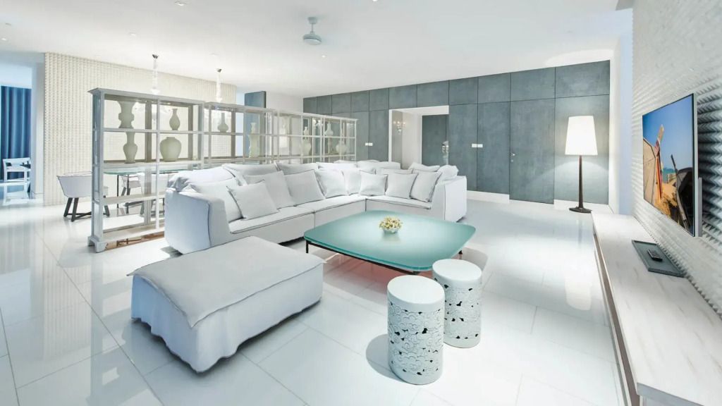 Wohnzimmer mit modernen Möbeln und eleganten Designelementen