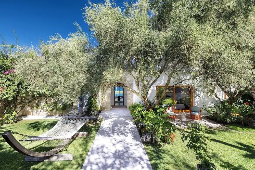 Garten mit Hängematte und Olivenbäumen vor Villa mit Sitzbereich