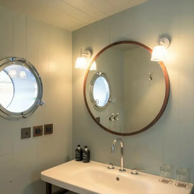 Modernes Badezimmer mit rundem Spiegel, eleganten Armaturen, porthole Fenster