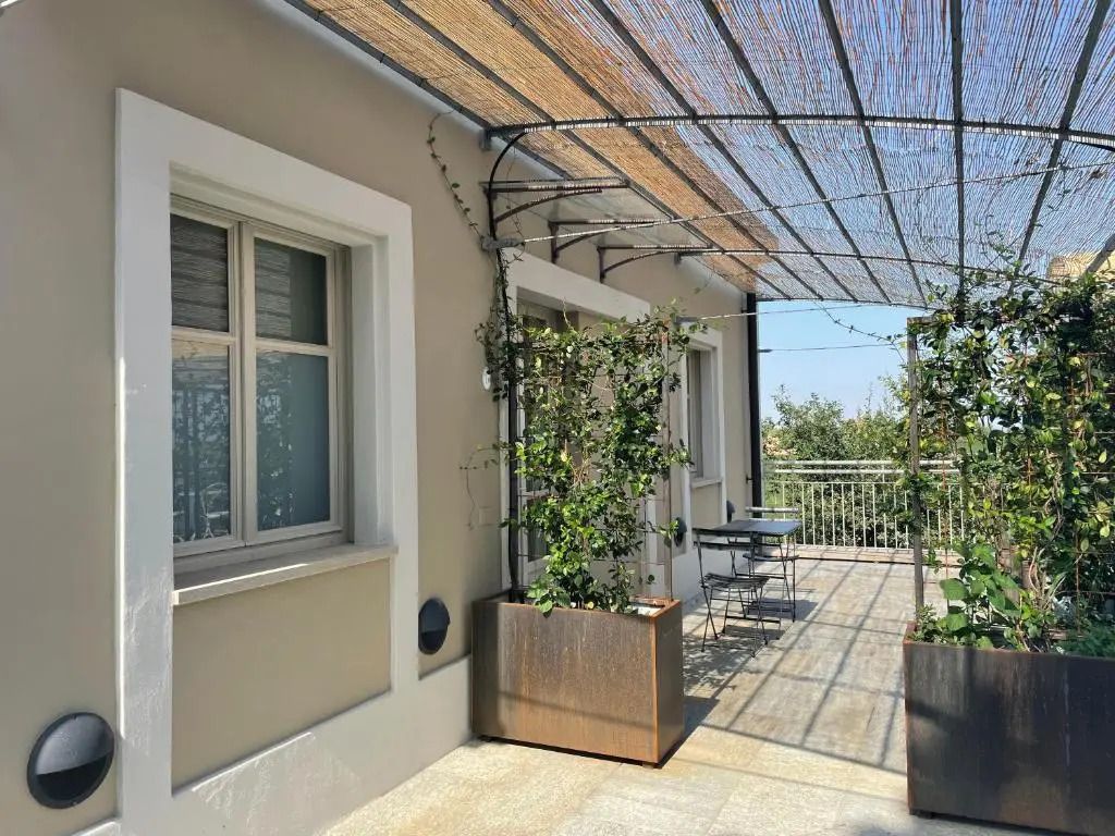 Terrassenbereich mit Pflanzen und Sitzmöglichkeiten unter einem Pergoladach
