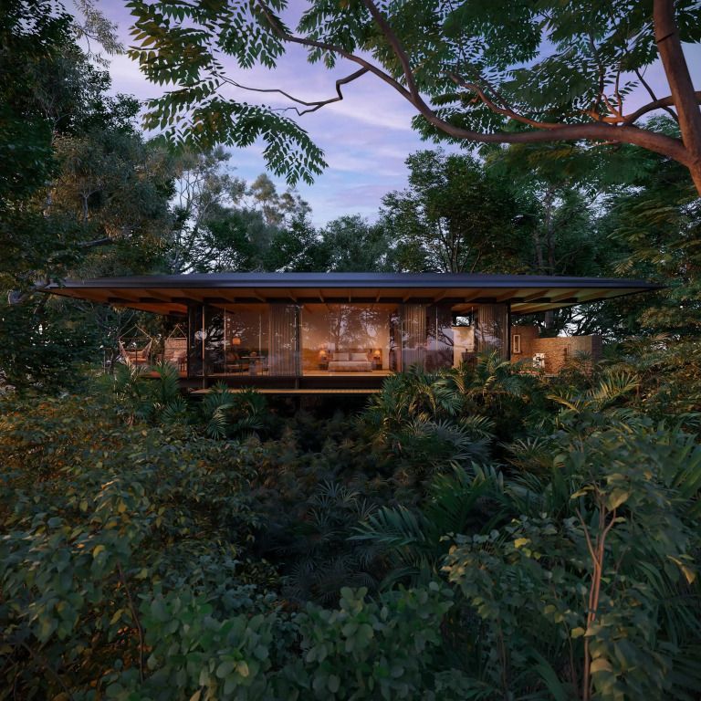 Moderne Bungalow-Architektur im dichten Wald bei Sonnenuntergang