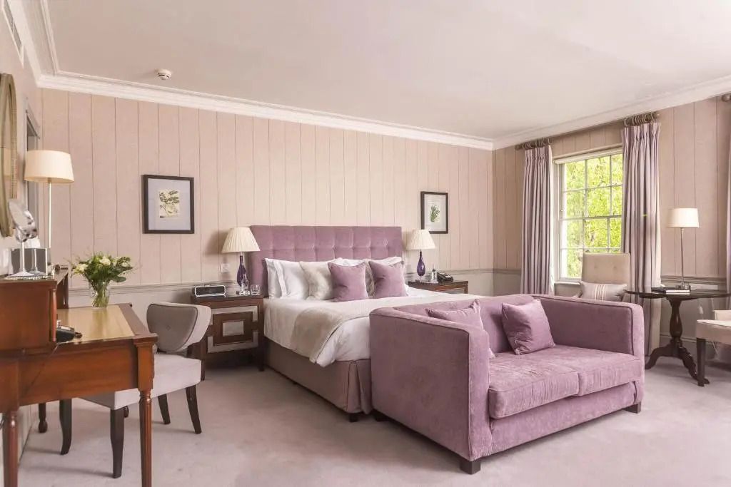 Großzügiges Zimmer mit lila Akzenten und bequemer Couch.