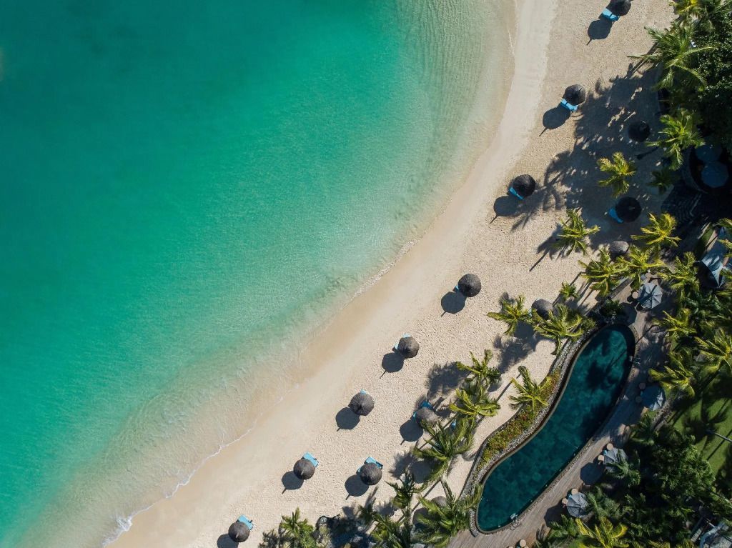 Luftaufnahme von tropischem Strand mit türkisfarbenem Wasser und Palmen.