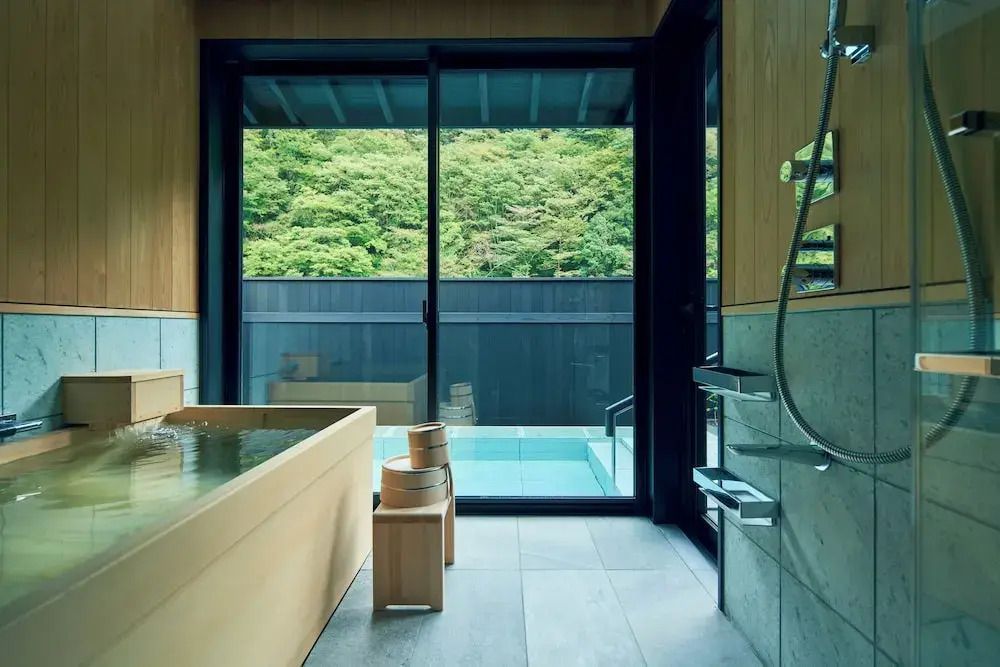 Entspannende Aussicht vom Badezimmer auf grünen Wald durch verglaste Tür