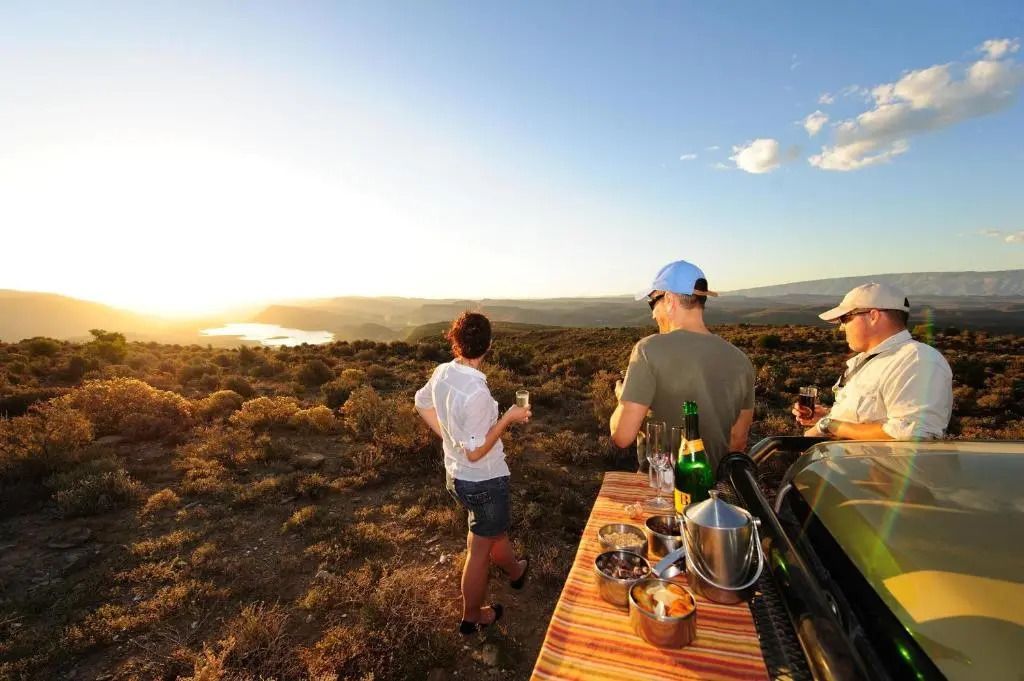 Gäste bei Sonnenuntergangssafari mit Getränken in der Wildnis