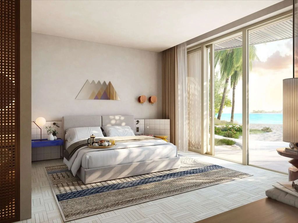 Luxus-Villa-Schlafzimmer mit Blick auf das Meer und moderne Einrichtung