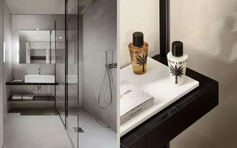 Elegantes Badezimmerdetail mit hochwertiger Ausstattung und Pflegeprodukten