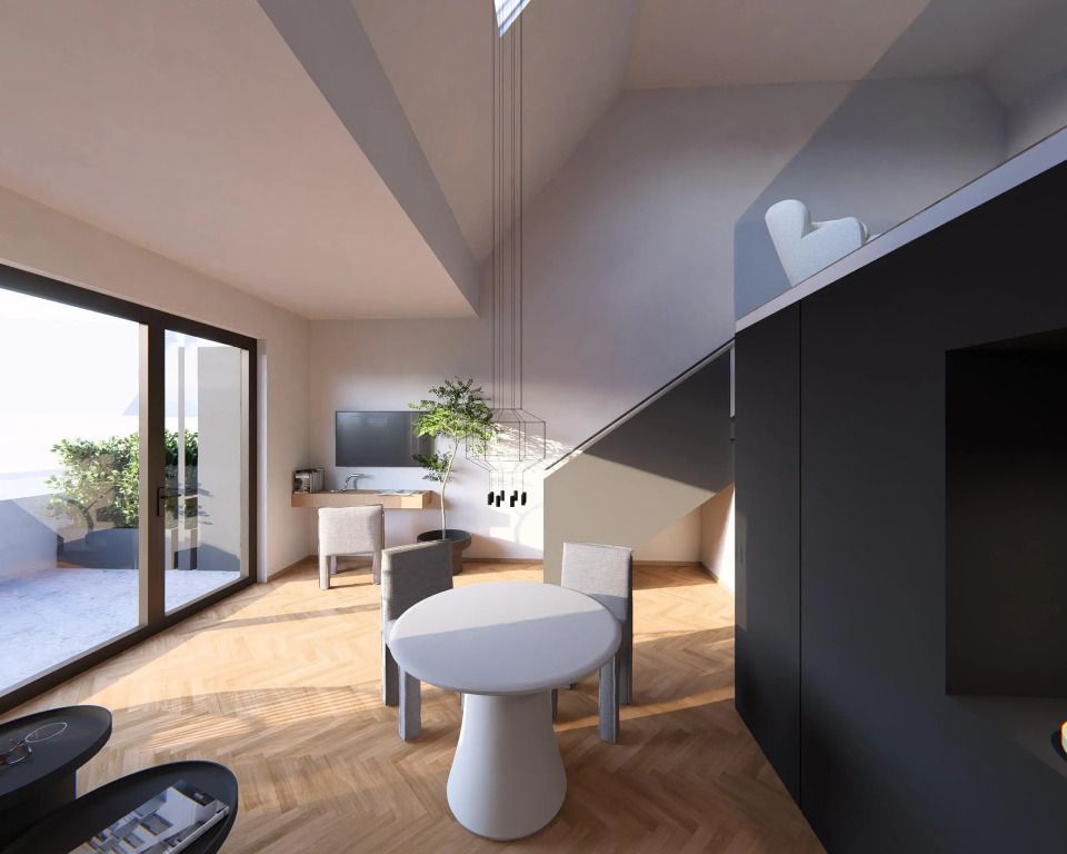 Lichtdurchflutetes Zimmer mit modernem Design und Balkonzugang