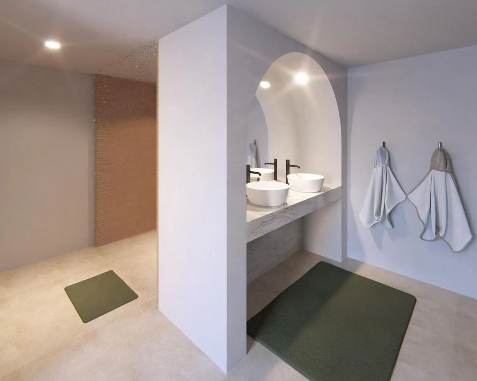 Großes Badezimmer mit zwei Waschbecken und modernen Designelementen