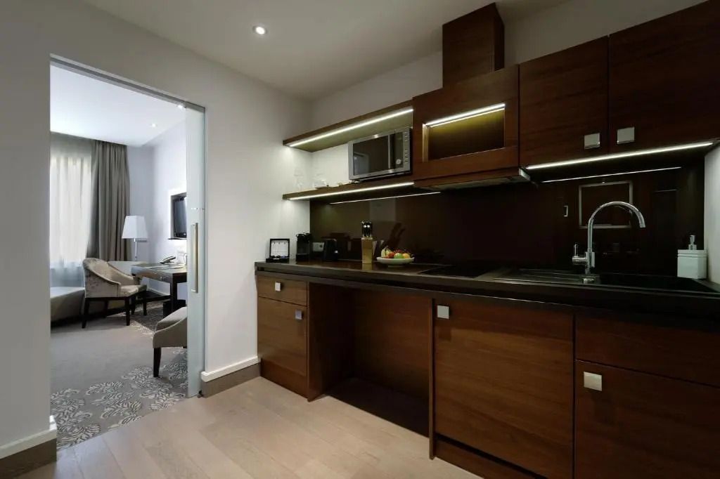 Moderne offene Küchenzeile mit Holzverkleidung im Studio-Apartment