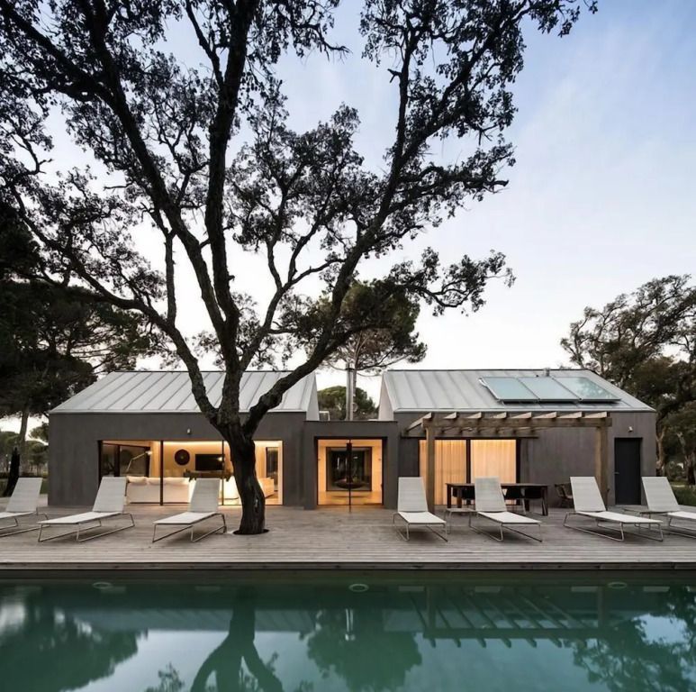 Moderne Villa mit großen Fenstern und Pool, umgeben von Bäumen