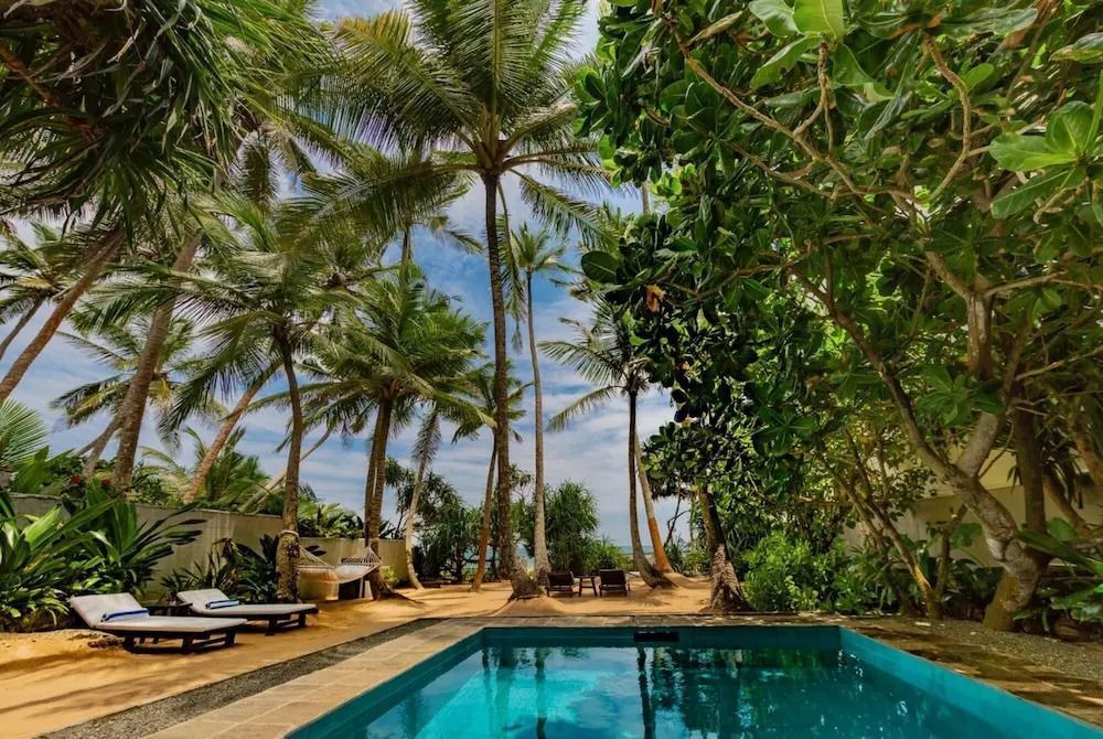 Pool inmitten eines tropischen Gartens mit Palmen