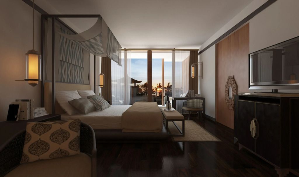 Elegantes Doppelzimmer mit Blick auf Meer und Sonnenuntergang, stilvolle Einrichtung