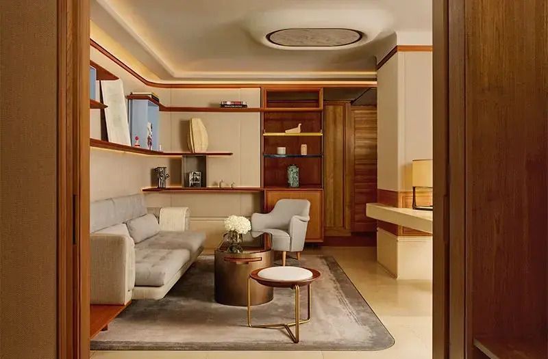 Luxuriöses Wohnzimmer einer Suite mit modernen Möbeln und künstlerischen Regalen