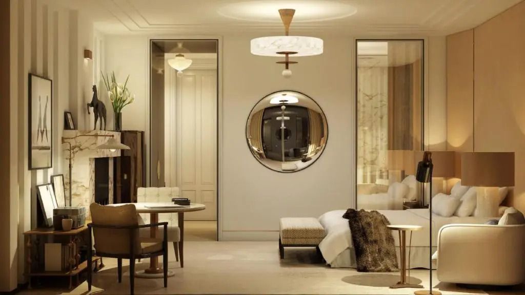 Luxuriöses Schlafzimmer mit Designer-Leuchten und eleganten Möbeln