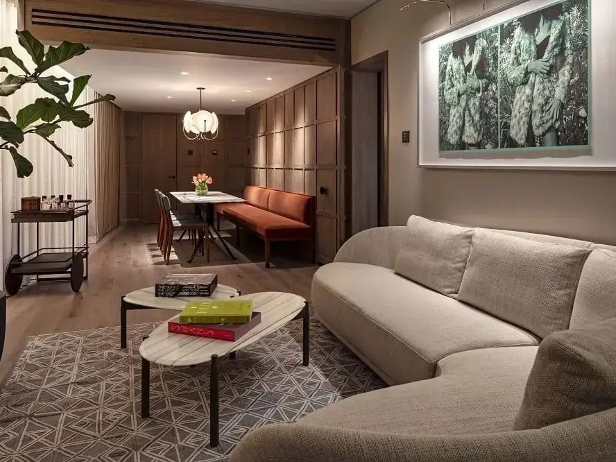 Moderner Wohnbereich mit Sofas und kunstvollem Bild