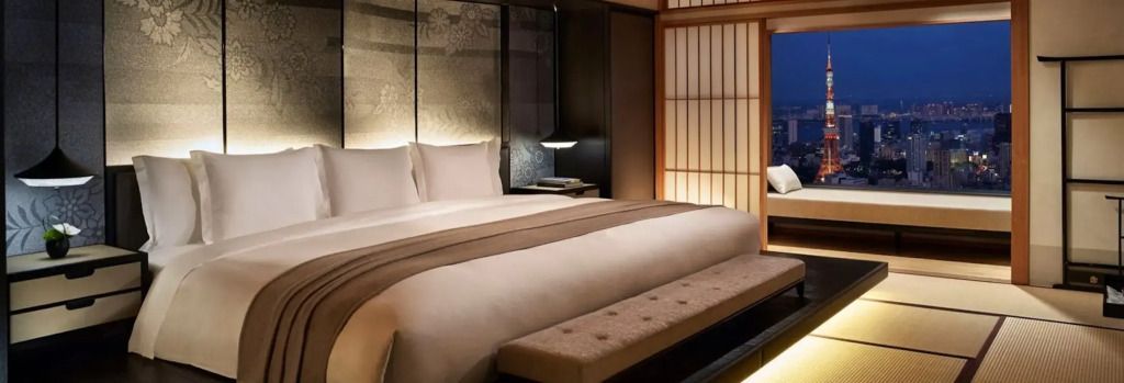 Luxuriöses Doppelbett in Suite mit traditionellem japanischen Dekor.