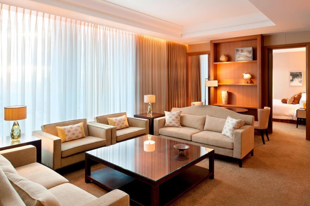 Gemütlicher Wohnbereich mit Sofas und dekorativem Regal