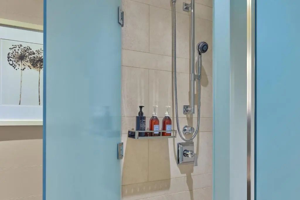 Moderne Dusche mit Glaswand und Pflegeprodukten im Premier Executive Zimmer